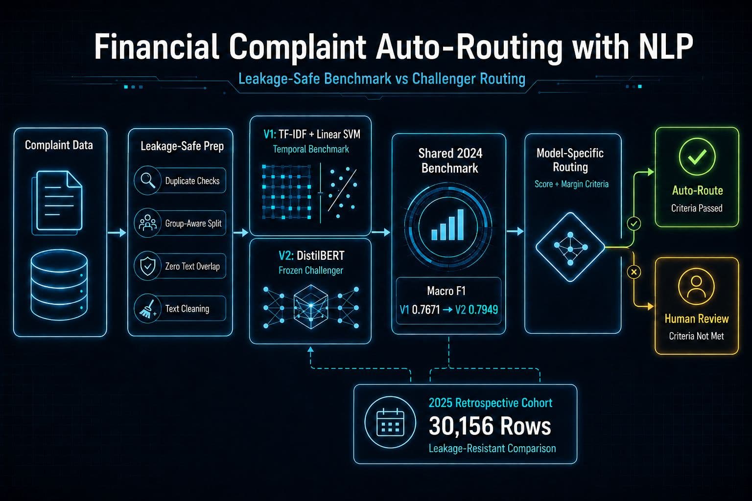 Financial Complaint Auto-Routing NLP workflow showing leakage-safe preparation, TF-IDF and DistilBERT evaluation, selective routing, and retrospective validation.